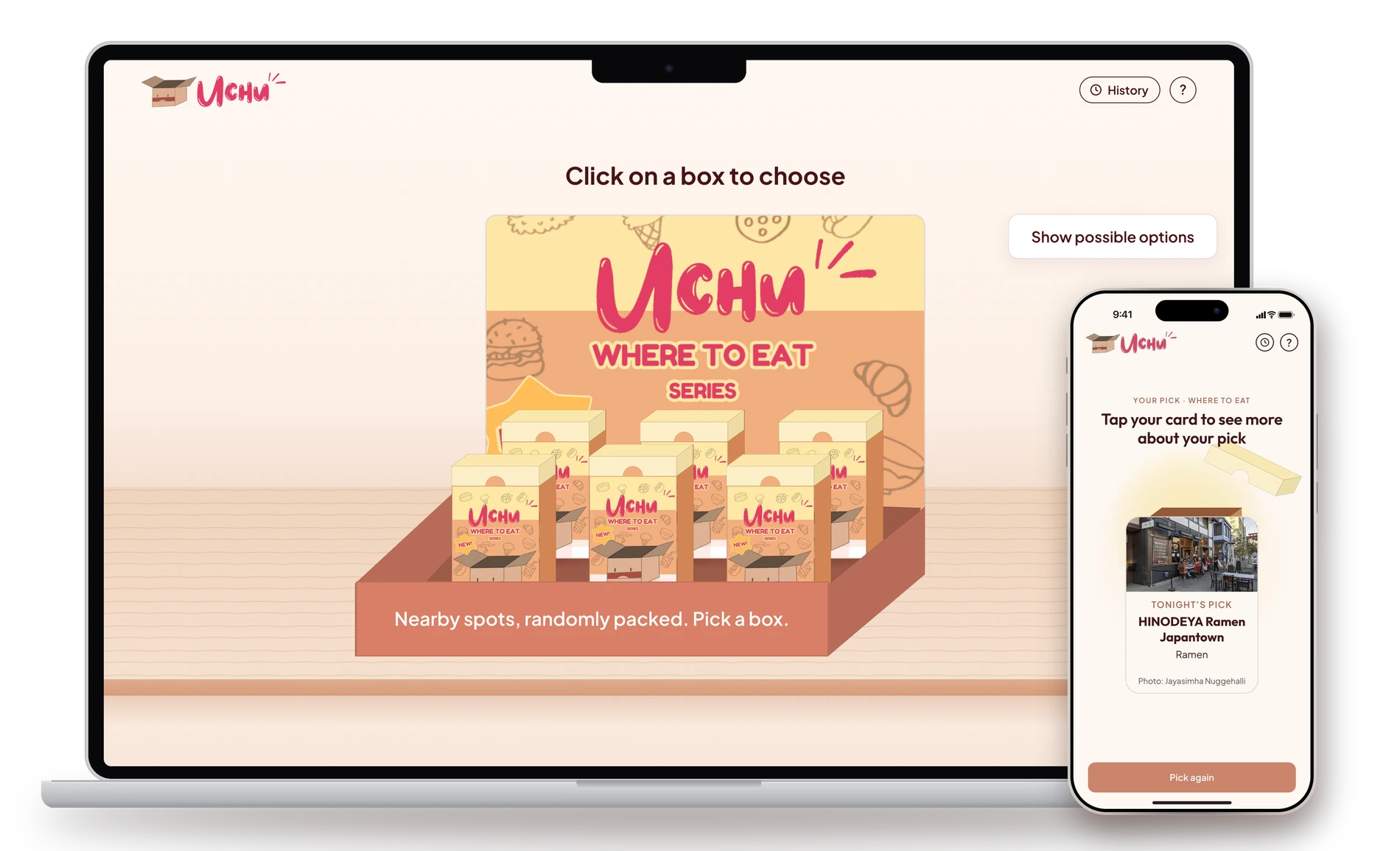 Uchu on a laptop and a phone, showing the box shelf and tonight's pick